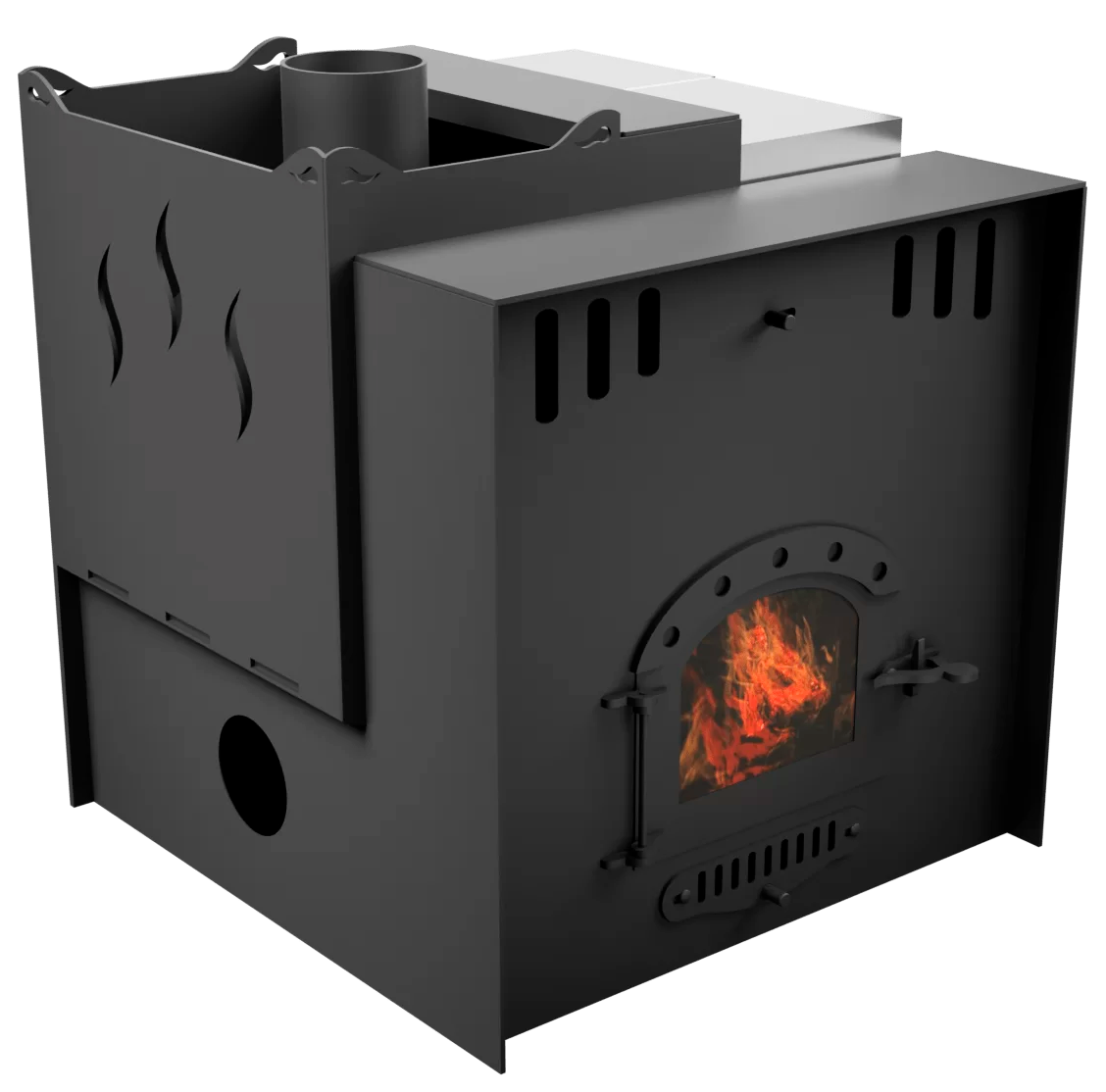 Печь Горыныч Мини, каменка с левой стороны, малое стекло, система воздушного отопления с порталом фото в Омске