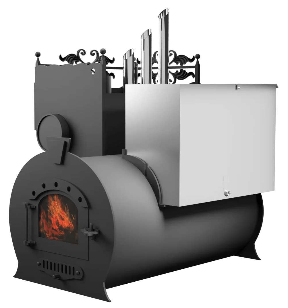 Печь Горыныч 3, каменка закрытая с парогенератором с левой стороны, малая дверь со стеклом фото в Омске