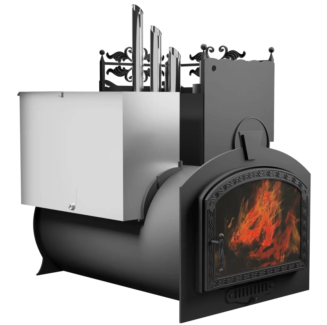 Печь Горыныч 3, каменка закрытая с правой стороны, большая дверь со стеклом фото в Омске