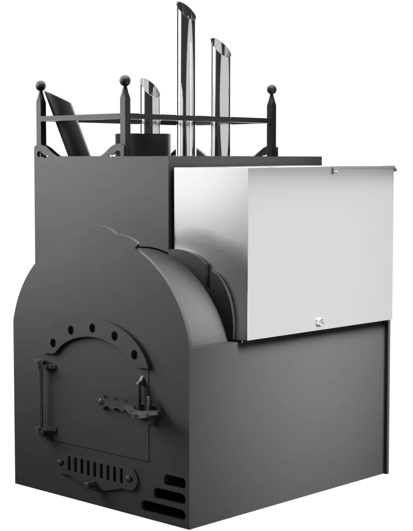Печь Горыныч Мини, каменка закрытая с парогенератором с левой стороны, система воздушного отопления фото в Омске