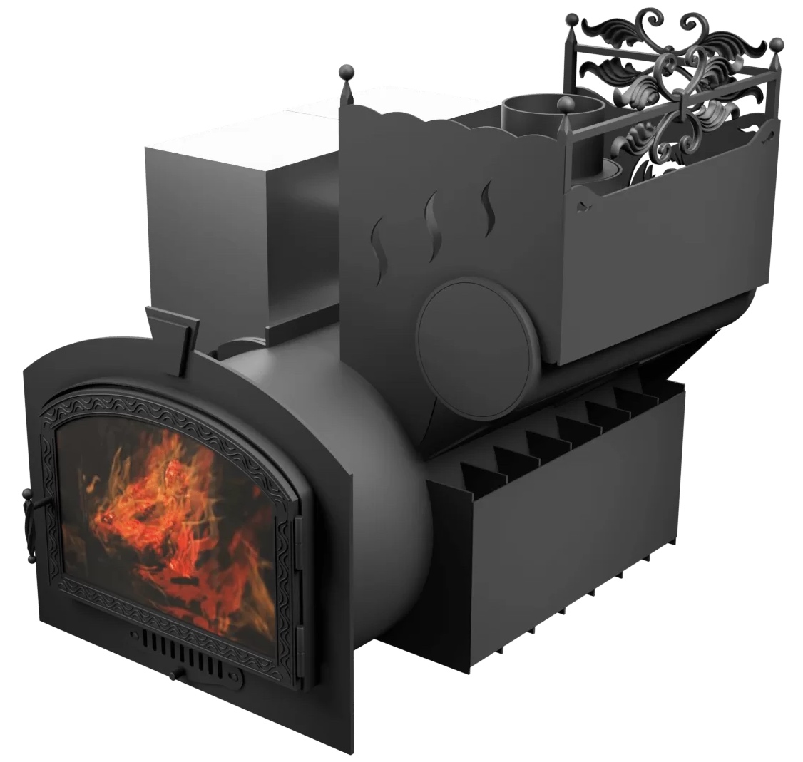 Печь Горыныч 3 с конвекцией, каменка с правой стороны, большая дверь со стеклом фото в Омске