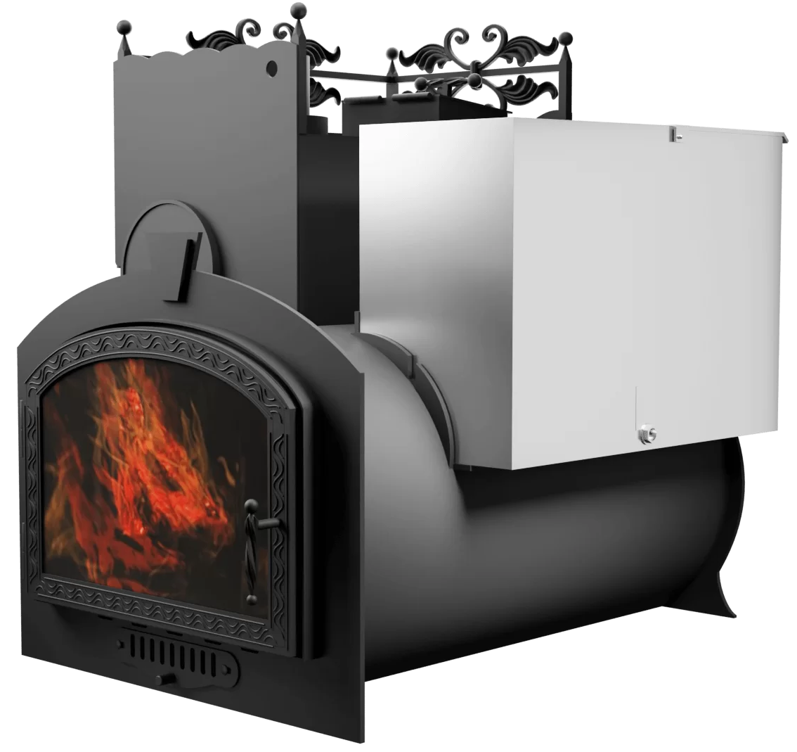 Печь Горыныч 3, каменка закрытая с левой стороны, большая дверь со стеклом фото в Омске