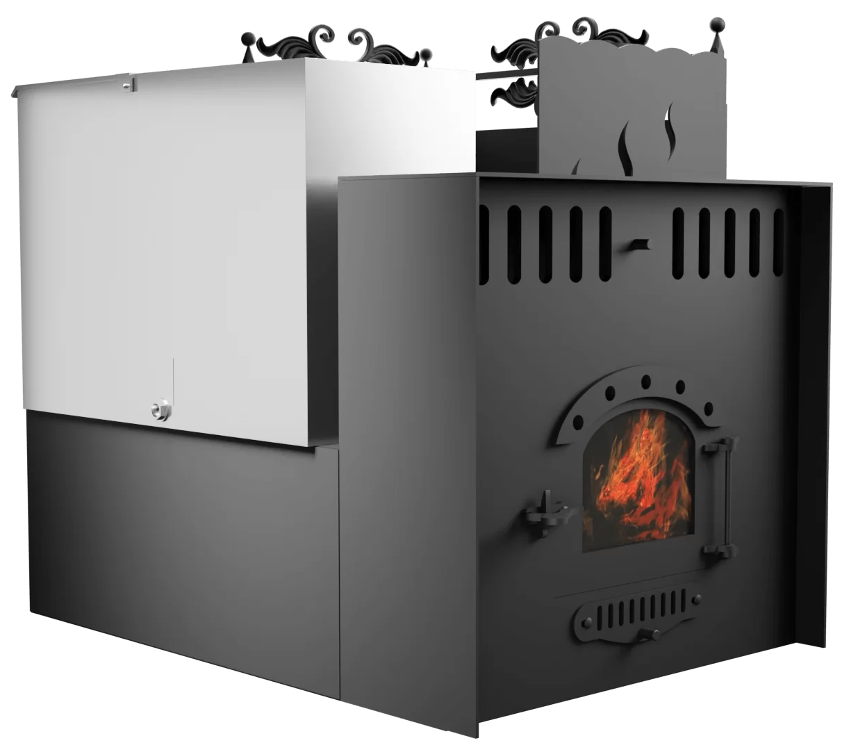 Печь Горыныч 3, каменка с правой стороны, малая дверь со стеклом, система воздушного отопления с порталом фото в Омске