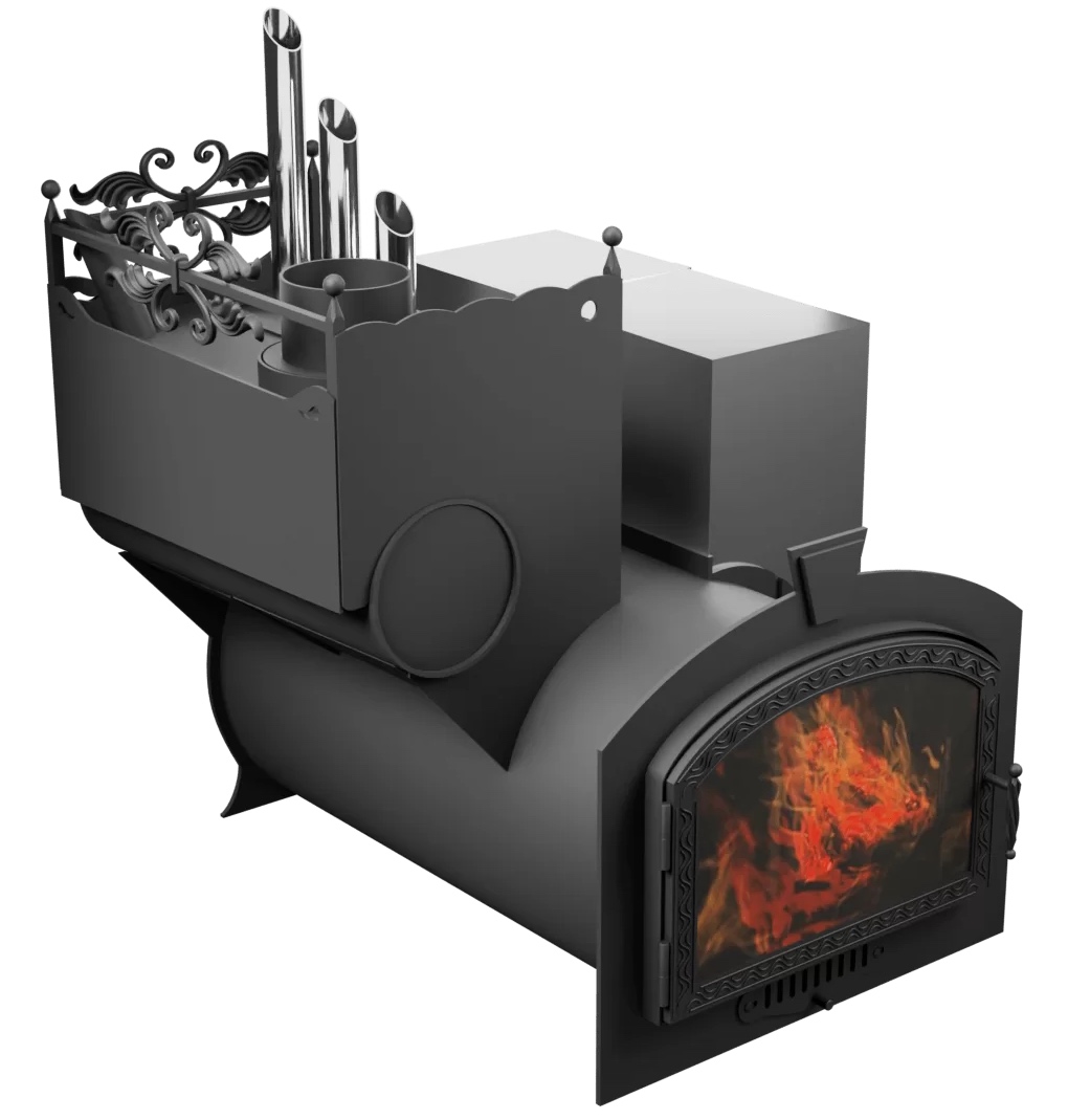 Печь Горыныч 3, каменка закрытая с парогенератором с левой стороны, большая дверь со стеклом фото в Омске