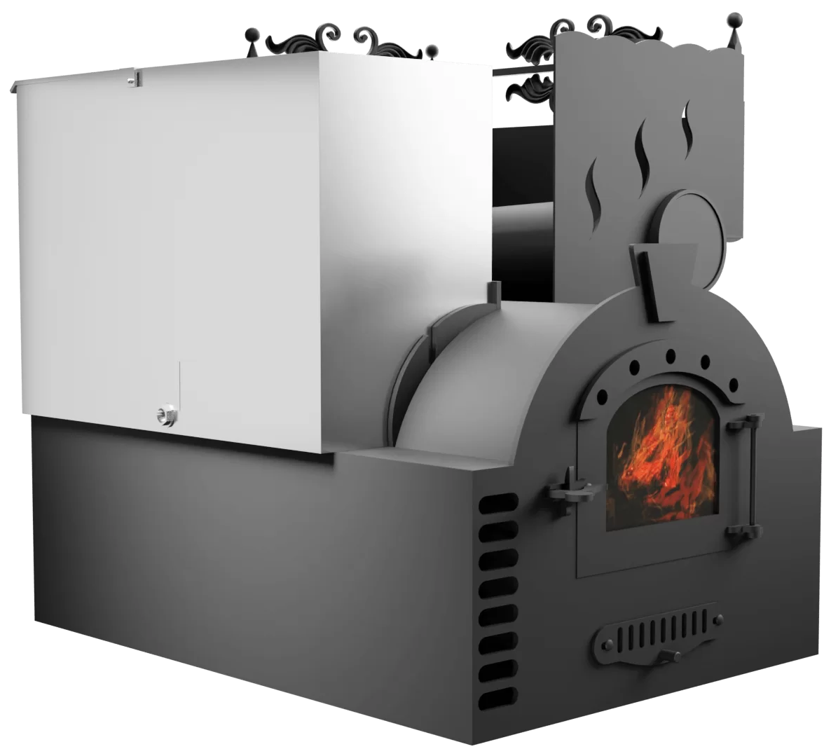 Печь Горыныч 3, каменка с правой стороны, малая дверь со стеклом, система воздушного отопления фото в Омске