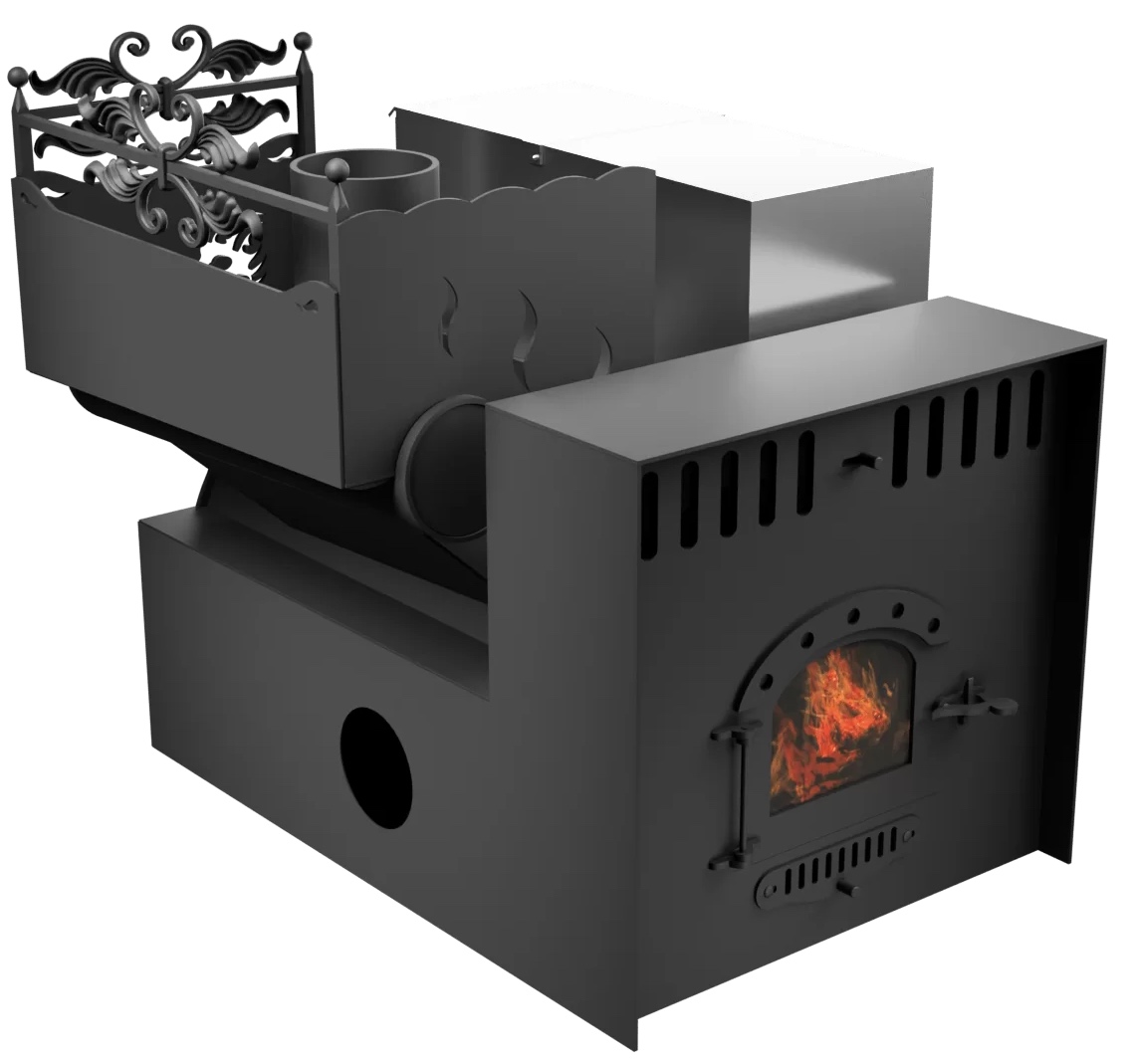 Печь Горыныч 3, каменка с левой стороны, малая дверь со стеклом, система воздушного отопления с порталом фото в Омске