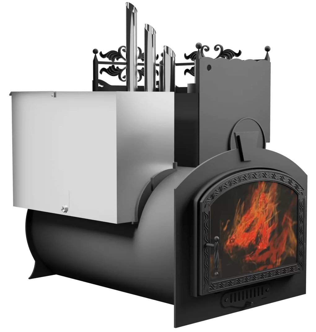 Печь Горыныч 3, каменка закрытая с парогенератором с правой стороны, большая дверь со стеклом фото в Омске