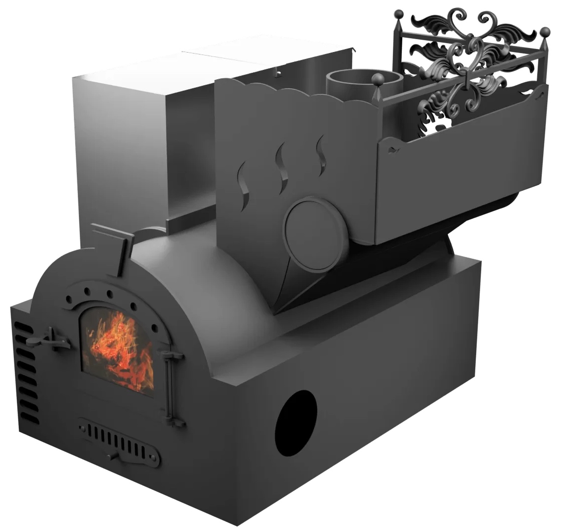 Печь Горыныч 3, каменка с правой стороны, малая дверь со стеклом, система воздушного отопления фото в Омске