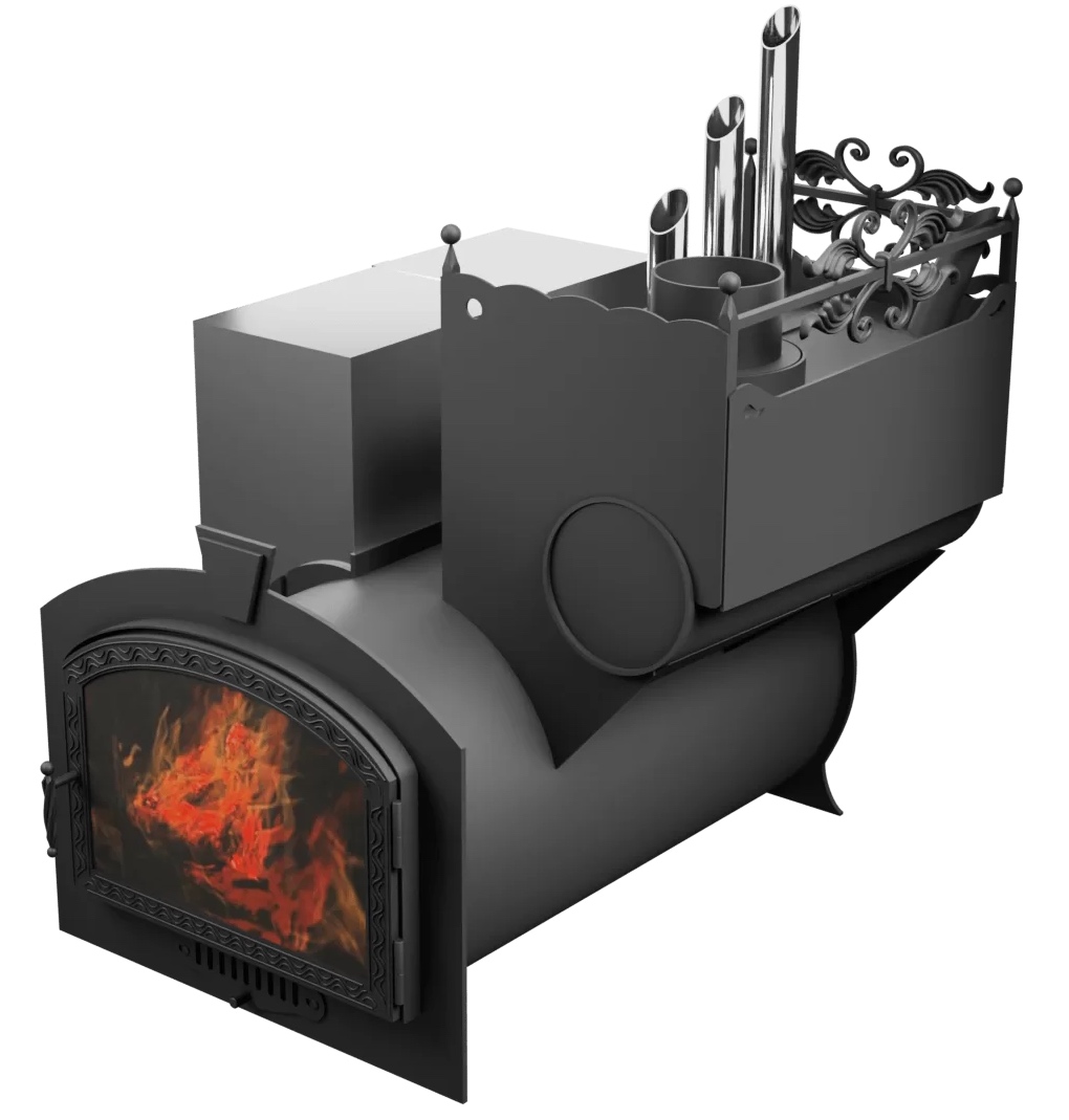 Печь Горыныч 3, каменка закрытая с парогенератором с правой стороны, большая дверь со стеклом фото в Омске