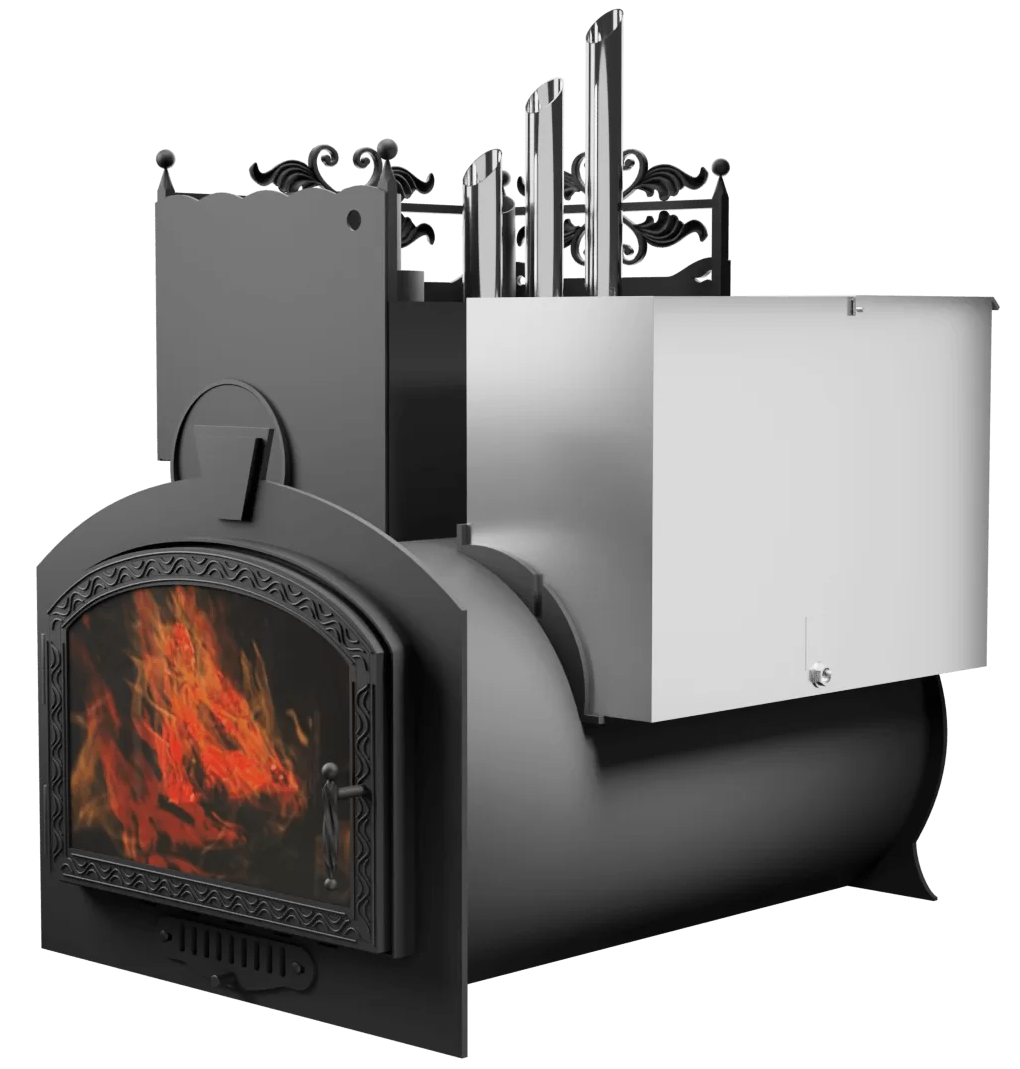 Печь Горыныч 3, каменка закрытая с парогенератором с левой стороны, большая дверь со стеклом фото в Омске