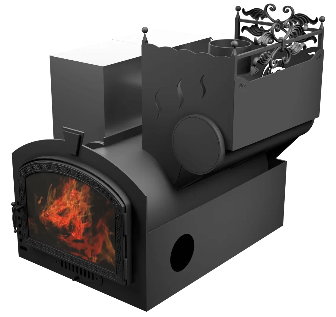 Печь Горыныч 3, каменка с правой стороны, большая дверь со стеклом, система воздушного отопления фото в Омске