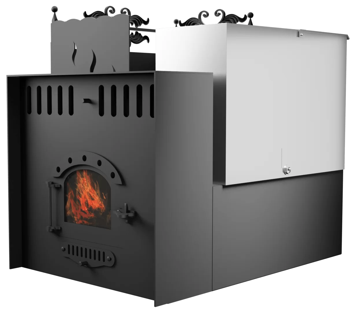 Печь Горыныч 3, каменка с левой стороны, малая дверь со стеклом, система воздушного отопления с порталом фото в Омске