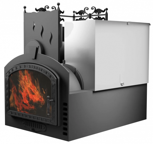 Печь Горыныч 3, каменка с левой стороны, большая дверь со стеклом, система воздушного отопления фото в Омске