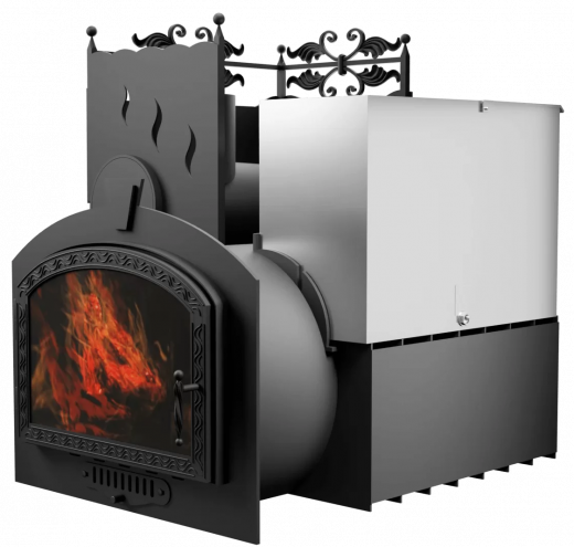 Печь Горыныч 3 с конвекцией, каменка с левой стороны, большая дверь со стеклом фото в Омске